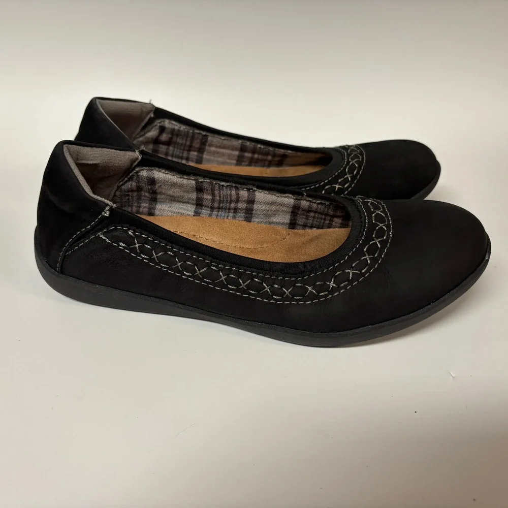 Earth Origins Black Nubuck Leather Ballet Flats Whipstitch Trim Women Size 6.5